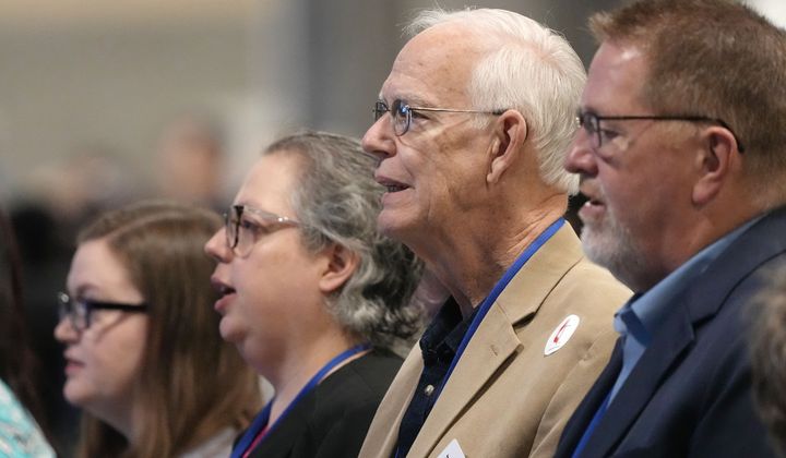 Rich Shaffer, West Virginia, sings with other delegates during morning worship at the 2024 United Methodist General Conference in Charlotte, N.C. Tuesday April 30, 2024. (Photo by Larry McCormack, UM News, used with permission.)