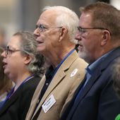 Rich Shaffer, West Virginia, sings with other delegates during morning worship at the 2024 United Methodist General Conference in Charlotte, N.C. Tuesday April 30, 2024. (Photo by Larry McCormack, UM News, used with permission.)