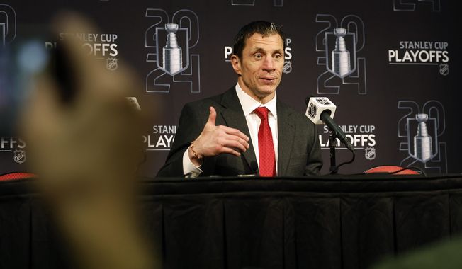 Carolina Hurricanes head coach Rod Brind&#x27;Amour speaks at a news conference following the Hurricanes win over the New York Islanders at the NHL hockey Stanley Cup first-round playoff series in Raleigh, N.C., Tuesday, April 30, 2024. (AP Photo/Karl B DeBlaker)