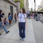 Columbia Journalism School student Cecilia Blotto stands in front of Hamilton Hall on Wednesday, May 1, 2024, in New York, where, hours earlier, New York police burst in to break up a demonstration by protesters who had occupied the building. (AP Photo/Ted Shaffrey)
