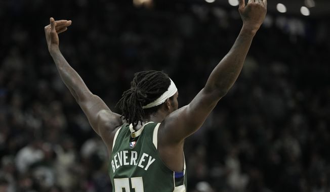 Milwaukee Bucks&#x27; Patrick Beverley reacts during the second half of Game 5 of an NBA basketball series against the Indiana Pacers Tuesday, April 30, 2024, in Milwaukee. The Bucks won 115-92. The Pacers lead the series 3-2. (AP Photo/Morry Gash)