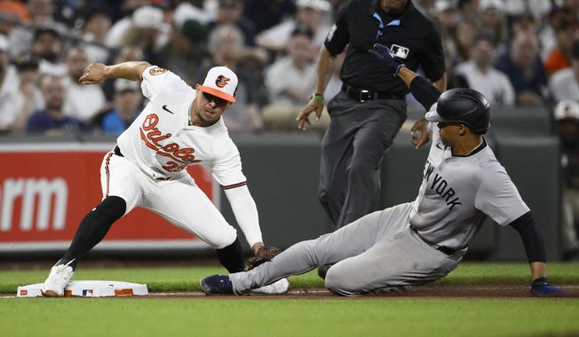New York Yankees&#x27; Juan Soto. right, is tagged out by Baltimore Orioles third baseman Ramon Urias, left, trying to steal third base during the sixth inning of a baseball game, Wednesday, May 1, 2024, in Baltimore. (AP Photo/Nick Wass)