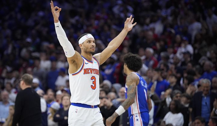 New York Knicks&#x27; Josh Hart reacts during the second half of Game 6 in an NBA basketball first-round playoff series against the Philadelphia 76ers, Thursday, May 2, 2024, in Philadelphia. (AP Photo/Matt Slocum)