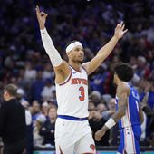 New York Knicks&#x27; Josh Hart reacts during the second half of Game 6 in an NBA basketball first-round playoff series against the Philadelphia 76ers, Thursday, May 2, 2024, in Philadelphia. (AP Photo/Matt Slocum)