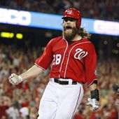 Washington Nationals right fielder Jayson Werth celebrates after scoring the winning run in a baseball game against the Pittsburgh Pirates, Sunday, Aug. 17, 2014, in Washington. The Nationals won 6-5 in 11 innings. Werth won the World Series with Philadelphia and played 63 playoff games during his major league career with the Toronto Blue Jays, Los Angeles Dodgers, Phillies and Nationals, and still nothing compares with the adrenaline rush of his new favorite sport, horse racing. Werth owns over two dozen thoroughbreds, including Dornoch, who will run in the Kentucky Derby on Saturday, May 4, 2024. (AP Photo/Alex Brandon, File). **FILE**
