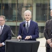 Norway&#x27;s Prime Minister Jonas Gahr Støre, center, Finance Minister Trygve Slagsvold Vedum, right and Defense Minister Bjørn Arild Gram, take part in a press conference on defense at SMK, in Oslo, Thursday, May 2, 2024. The Norwegian center-left government wants to add 7 billion kroner ($630 million) to the Scandinavian country’s Armed Forces on top of the hefty increase of the defense budget announced last month. (Terje Pedersen /NTB Scanpix via AP)