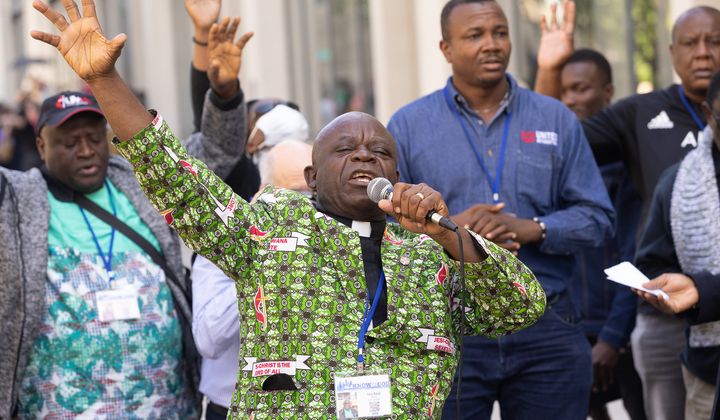 The Rev. Jerry Kulah of Liberia leads a rally supporting traditional views of marriage and sexuality outside the 2024 United Methodist General Conference in Charlotte, N.C. Photo by Mike DuBose, UM News, used with permission.