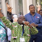The Rev. Jerry Kulah of Liberia leads a rally supporting traditional views of marriage and sexuality outside the 2024 United Methodist General Conference in Charlotte, N.C. Photo by Mike DuBose, UM News, used with permission.