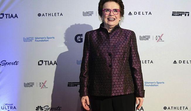 Billie Jean King poses for photos on the red carpet at the Women&#x27;s Sports Foundation&#x27;s Annual Salute to Women in Sports, Wednesday, Oct. 12, 2022, in New York. King’s $5,000 check sure went a long way for women’s sports. She used the money from a sportswoman of the year award to launch the Women’s Sports Foundation in 1974. Since then, the foundation has invested more than $100 million to help girls and women gain opportunities and equity in sports.(AP Photo/Julia Nikhinson, File)