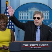 Actor Mark Hamill, right, joins White House press secretary Karine Jean-Pierre as she speaks with reporters in the James Brady Press Briefing Room at the White House, Friday, May 3, 2024, in Washington. (AP Photo/Alex Brandon)