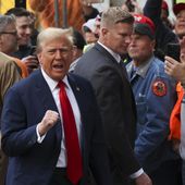 Former President Donald Trump reacts while meeting with construction workers at the construction site of the new JPMorgan Chase headquarters in midtown Manhattan, Thursday, April 25, 2024, in New York. Trump met with construction workers and union representatives hours before he&#x27;s set to appear in court. (AP Photo/Yuki Iwamura)