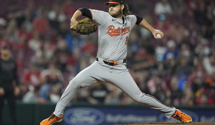 Baltimore Orioles starting pitcher Cole Irvin throws in the first inning of a baseball game against the Cincinnati Reds, Friday, May 3, 2024, in Cincinnati. (AP Photo/Carolyn Kaster)