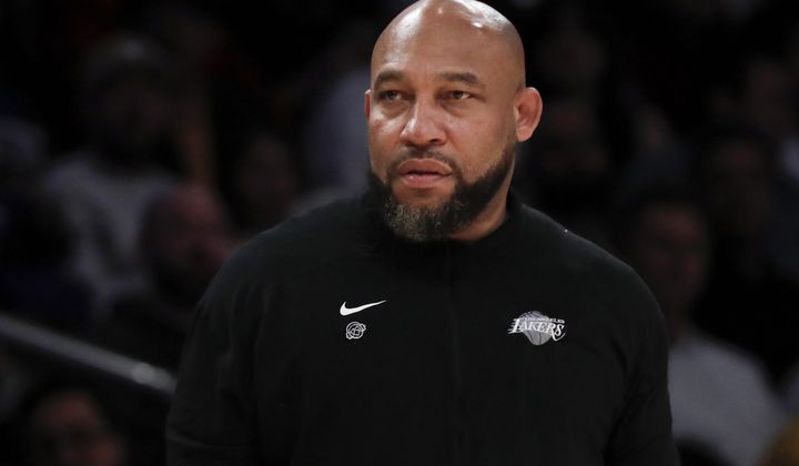 Los Angeles Lakers head coach Darvin Ham reacts during the first half of an NBA basketball game against the Minnesota Timberwolves, Sunday, April 7, 2024, in Los Angeles. (AP Photo/Etienne Laurent)