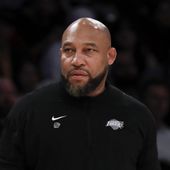 Los Angeles Lakers head coach Darvin Ham reacts during the first half of an NBA basketball game against the Minnesota Timberwolves, Sunday, April 7, 2024, in Los Angeles. (AP Photo/Etienne Laurent)
