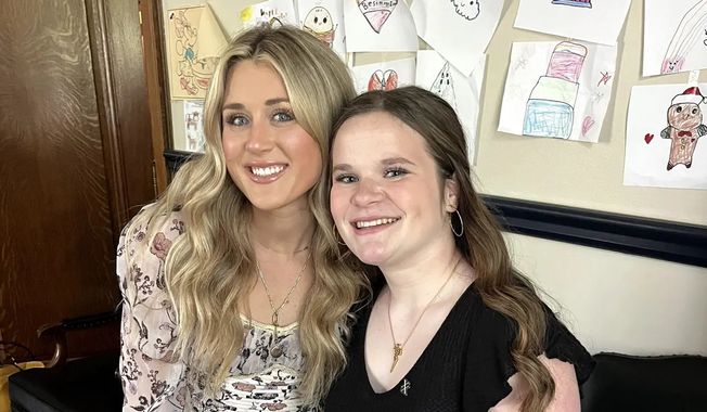 All-American swimmer Riley Gaines, who hosts OutKick&#x27;s &quot;Girls on Gaines&quot; podcast, appeared at a press conference in Charleston, West Virginia, on April 24, 2024, with Emmy Salerno, one of the five West Virginia girls who refused to compete against a transgender athlete at a middle-school track meet. (Courtesy of OutKick)