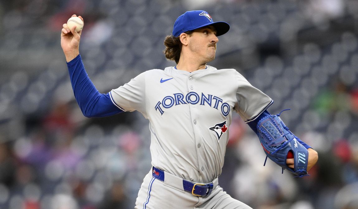 Toronto Blue Jays starting pitcher Kevin Gausman throws during the second inning of a baseball game against the Washington Nationals, Saturday, May 4, 2024, in Washington. (AP Photo/Nick Wass)