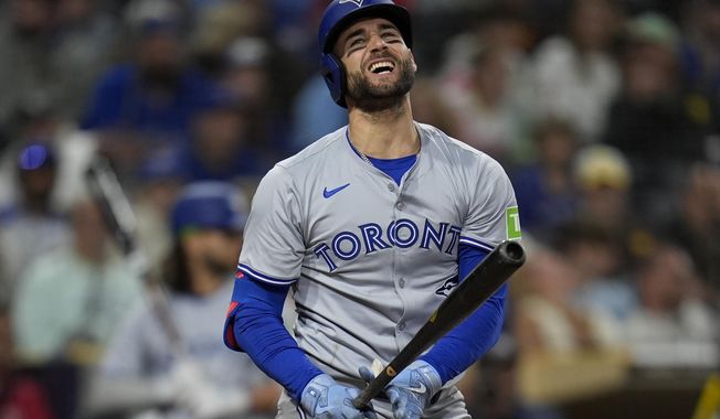 Toronto Blue Jays&#x27; Kevin Kiermaier reacts after striking out during the ninth inning of a baseball game against the San Diego Padres, Friday, April 19, 2024, in San Diego. (AP Photo/Gregory Bull)