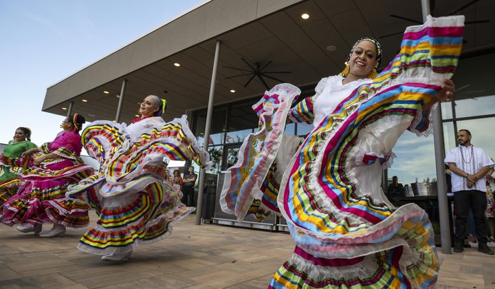 Folklorico dancers from the group Viva Mexico perform their routine during a Cinco de Mayo celebration and mixer hosted by the Odessa Hispanic Chamber of Commerce at the Odessa Marriott Hotel and Convention Center, Wednesday, May 5, 2021, in Odessa, Texas. The United States is gearing up for Cinco de Mayo. Music, all-day happy hours and deals on tacos are planned at venues across the country on May 5, 2024 in a celebration with widely misunderstood origins that is barely recognized south of the border. (Eli Hartman/Odessa American via AP, File)