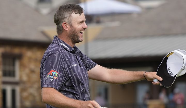 Taylor Pendrith reacts after sinking his putt on the 18th hole to win the Byron Nelson golf tournament in McKinney, Texas, Sunday, May 5, 2024. (AP Photo/LM Otero)