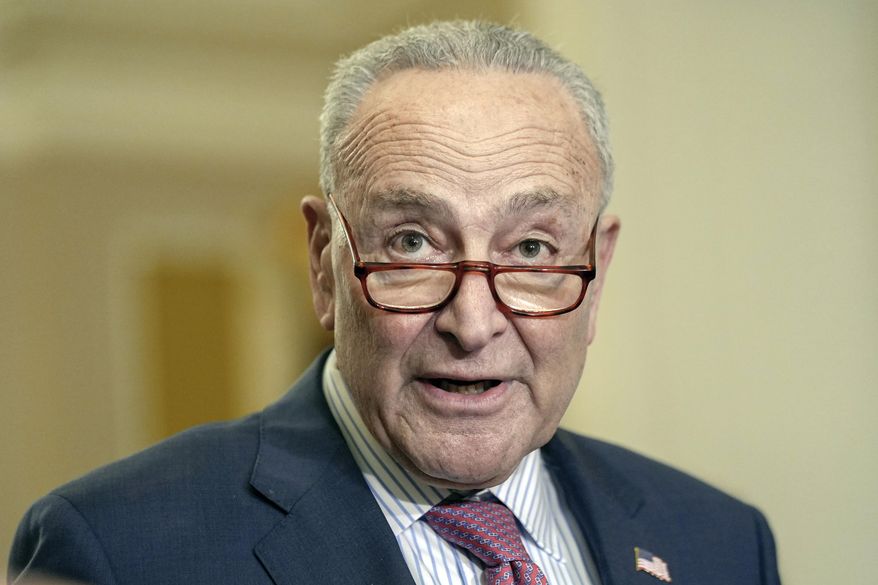 Sen. Majority Leader Chuck Schumer, D-N.Y., talks after a policy luncheon on Capitol Hill Wednesday, May 1, 2024, in Washington. (AP Photo/Mariam Zuhaib, File)