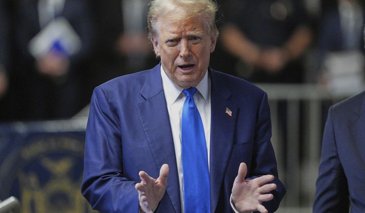 Former President Donald Trump speaks to media as he returns to his trial at the Manhattan Criminal Court, Friday, May 3, 2024, in New York. (Curtis Means/Pool Photo via AP)