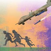 Drone strike on Gaza-refugee import plan illustration by Greg Groesch / The Washington Times