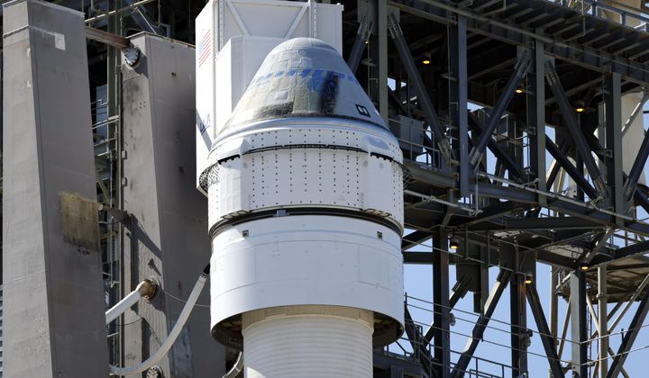 Boeing&#x27;s Starliner capsule atop an Atlas V rocket stands ready for its upcoming mission at Space Launch Complex 41 at the Cape Canaveral Space Force Station, Sunday, May 5, 2024, in Cape Canaveral, Fla. Launch is scheduled for Monday evening. (AP Photo/Terry Renna)