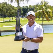 Individual champion captain Brooks Koepka, of Smash GC, poses with the trophy after the final round of LIV Golf Singapore at Sentosa Golf Club, Sunday, May 5, 2024, in Sentosa, Singapore. (Jon Ferrey/LIV Golf via AP) ** FILE**