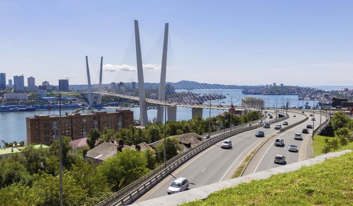 A view of the bridge connecting the Russky Island and Vladivostok, in Russia&#x27;s far east, is seen on Aug. 26, 2023. An American soldier has been arrested in Russia and accused of stealing. That&#x27;s according to two U.S. officials who spoke to The Associated Press. The soldier, who is not being identified, was stationed in South Korea and was in the process of returning home to the United States. Instead, he traveled to Russia. According to the officials, the soldier was arrested late last week in Vladivostok. It was unclear Monday, May 6, 2024, if the soldier is considered absent without leave, or AWOL. (AP Photo/Alexander Khitrov)