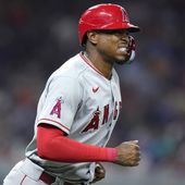 Los Angeles Angels&#x27; Monte Harrison draws a walk during the team&#x27;s baseball game against the Miami Marlins, July 6, 2022, in Miami. Arkansas has confirmed a report that Harrison, a 28-year-old outfielder who played parts of three seasons with the Angels and Marlins, plans to walk on with the Razorbacks’ football program. (AP Photo/Lynne Sladky, File)