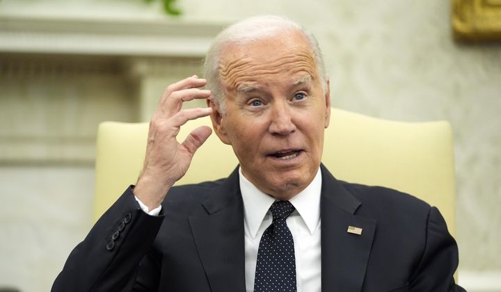 President Joe Biden speaks as he meets in the Oval Office of the White House, Tuesday, May 7, 2024, in Washington. (AP Photo/Alex Brandon)