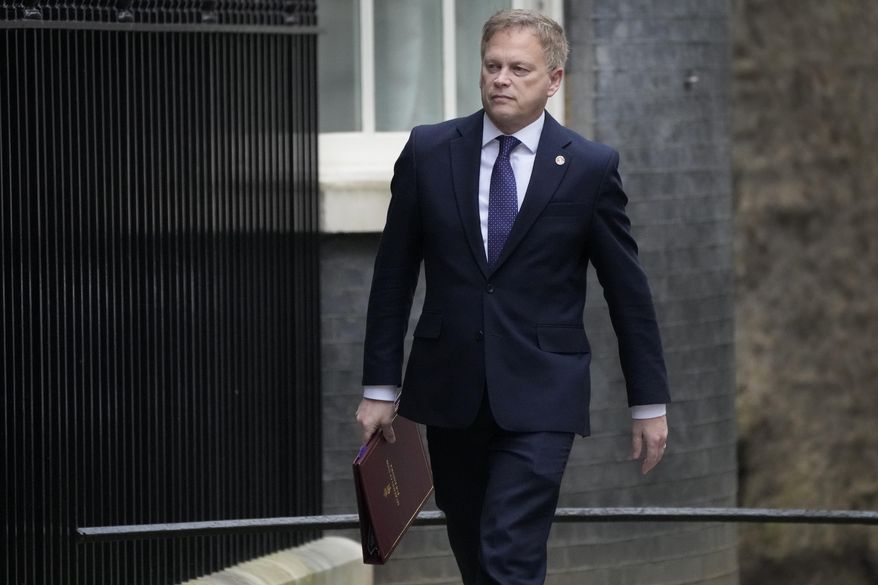 Britain's Defence Secretary Grant Shapps arrives in Downing Street for a cabinet meeting in London, Wednesday, March 6, 2024. British officials say the names and bank details of thousands of serving British soldiers, sailors and air force members have been exposed in a data breach at a payroll system. The Ministry of Defense said Defense Secretary Grant Shapps would make a statement in the House of Commons on Tuesday, May 7, 2024, afternoon “setting out the multi-point plan to support and protect personnel.” (AP Photo/Frank Augstein, File)