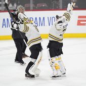Boston Bruins goaltenders Jeremy Swayman, left, Linus Ullmark celebrate after the Bruins beat the Florida Panthers 5-1 in Game 1 of the second-round series of the Stanley Cup Playoffs, Monday, May 6, 2024, in Sunrise, Fla. (AP Photo/Wilfredo Lee) **FILE**