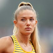 Alica Schmidt, of Germany, gets ready to start in a Women&#x27;s 4x400 meters relay heat during the athletics competition in the Olympic Stadium at the European Championships in Munich, Germany, Friday, Aug. 19, 2022. (AP Photo/Martin Meissner)