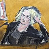 Stormy Daniels testifies in Manhattan criminal court, Tuesday, May 7, 2024, in New York, about the encounter in former President Donald Trump&#x27;s hotel penthouse, showing how she found Trump in his bedroom lying on his bed. (Elizabeth Williams via AP)
