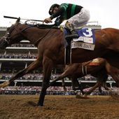 Brian Hernandez Jr. rides Mystik Dan across the finish line to win the 150th running of the Kentucky Derby horse race at Churchill Downs Saturday, May 4, 2024, in Louisville, Ky. (AP Photo/Jeff Roberson) **FILE**