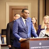 Rep. Burgess Owens, Utah Republican, speaks at a press conference about K-12 antisemitism with Jewish students and parents on May 8, 2024, by Parents Defending Education in Washington, D.C. (Photo courtesy of Parents Defending Education)