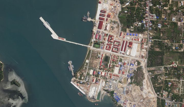 This satellite photo taken by Planet Labs PBC shows two Chinese corvettes docked at the Ream Naval Base on the Gulf of Thailand on Wednesday, May 8, 2024. Cambodia&#x27;s Defense Ministry insisted Wednesday that the monthslong presence of two Chinese warships at a strategically important naval base that has been newly expanded with funding from Beijing does not constitute a permanent deployment of the Chinese military in the country. (Planet Labs PBC via AP)