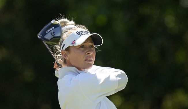 Nelly Korda watches her shot during the final round of the Chevron Championship LPGA golf tournament Sunday, April 21, 2024, at The Club at Carlton Woods in The Woodlands, Texas. Following two weeks off, Nelly Korda will be going for a record-setting sixth straight win in the Cognizant Founders Cup at the Upper Montclair Country Club. (AP Photo/Eric Gay, File) **FILE**