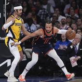 Indiana Pacers&#x27; Andrew Nembhard (2) defends against New York Knicks&#x27; Jalen Brunson (11) during the first half of Game 2 in an NBA basketball second-round playoff series Wednesday, May 8, 2024, in New York. (AP Photo/Frank Franklin II)