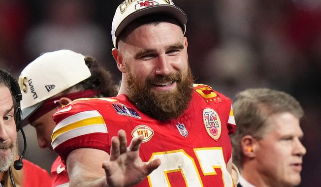 FILE - Kansas City Chiefs tight end Travis Kelce (87) waves after the NFL Super Bowl 58 football game against the San Francisco 49ers Sunday, Feb. 11, 2024, in Las Vegas. The tight end has been cast on FX&#x27;s &quot;American Horror Story: Grotesquerie&quot; season. (AP Photo/Frank Franklin II, File)