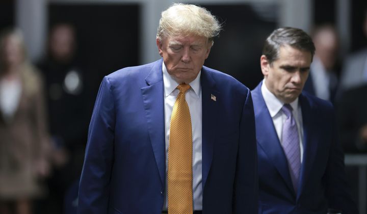 Former President Donald Trump and his attorney Todd Blanche walk to speak to reporters following the day&#x27;s proceedings in his trial, Tuesday, May 7, 2024, in New York. (Win McNamee/Pool Photo via AP)
