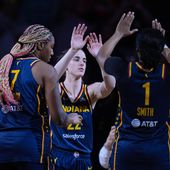 Indiana Fever guard Caitlin Clark (22) is introduced before the team&#x27;s preseason WNBA basketball game against the Atlanta Dream in Indianapolis, Thursday, May 9, 2024. (AP Photo/Darron Cummings)