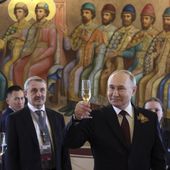 Russian President Vladimir Putin, front, toasts as he attends an official reception, to mark 79th anniversary of the end of World War II, in the Palace of the Facets at the Kremlin in Moscow, Russia, Thursday, May 9, 2024. Russia is wrapping itself in patriotic pageantry for Victory Day, a celebration of its defeat of Nazi Germany in World War II that President Vladimir Putin has turned into a pillar of his nearly quarter-century in power and a justification of his military action in Ukraine. (Mikhail Metzel, Sputnik, Kremlin Pool Photo via AP)