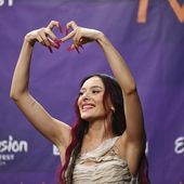 Eden Golan representing Israel gestures during a press meeting with the entries that advanced to the final after the second semi-final of the 68th edition of the Eurovision Song Contest at the Malmö Arena, in Malmö, Sweden, Thursday, May 9, 2024. (Jessica Gow/TT News Agency via AP)