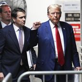 Former President Donald Trump, followed by attorney Todd Blanche, left, gestures as he returns from a break in his trial at Manhattan criminal court in New York, Friday, Friday, May 10, 2024. (Curtis Means/DailyMail.com via AP, Pool)