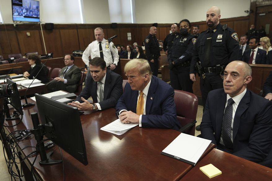 Former President Donald Trump appears at Manhattan criminal court before his trial in New York, Tuesday, May 14, 2024. (Curtis Means/Pool Photo via AP)