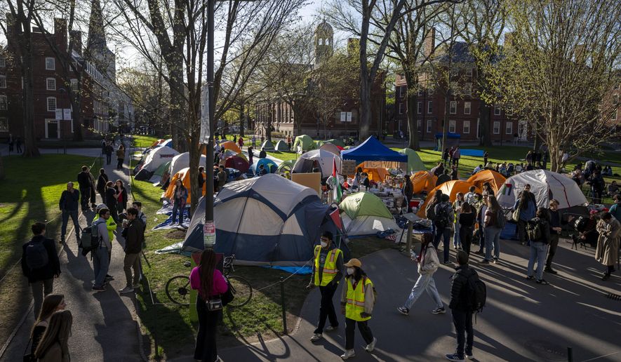 Students protesting against the war in Gaza and passersby walking through Harvard Yard are seen at an encampment at Harvard University in Cambridge, Mass., on April 25, 2024. (AP Photo/Ben Curtis, File)