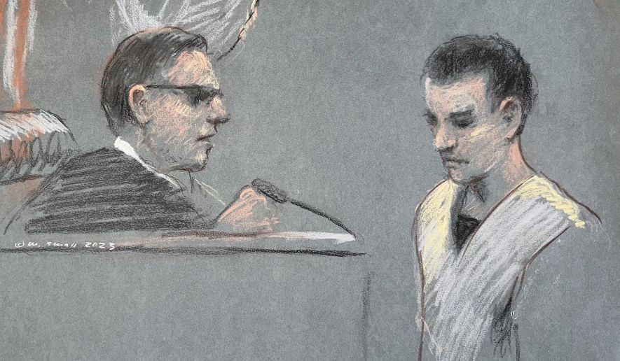 FILE - This artist depiction shows Massachusetts Air National Guardsman Jack Teixeira, right, appearing in U.S. District Court in Boston, April 14, 2023. The Massachusetts Air National Guard member who pleaded guilty to federal crimes for leaking highly classified military documents appeared at a hearing Tuesday, May 14, 2024, on whether he should face a military trial on additional charges. (Margaret Small via AP, File)