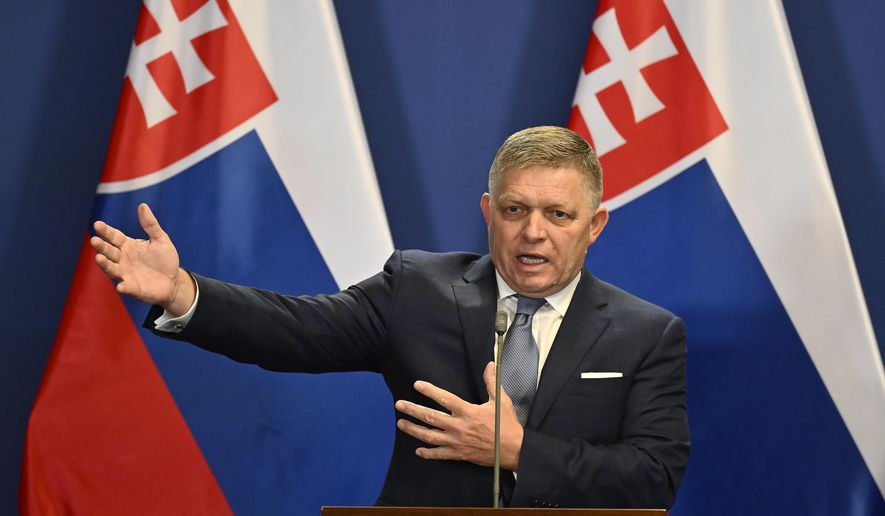 Slovakia's Prime Minister Robert Fico speaks during a press conference with Hungary's Prime Minister Viktor Orban at the Carmelite Monastery in Budapest, Hungary, Tuesday, Jan. 16, 2024. Prime Minister Robert Fico returned to power in Slovakia last year. Having previously served twice as prime minister, from 2006 to 2010 and again from 2012 to 2018, the 59-year-old's third term made him the longest-serving head of government in Slovakia’s history. . (AP Photo/Denes Erdos, File)
